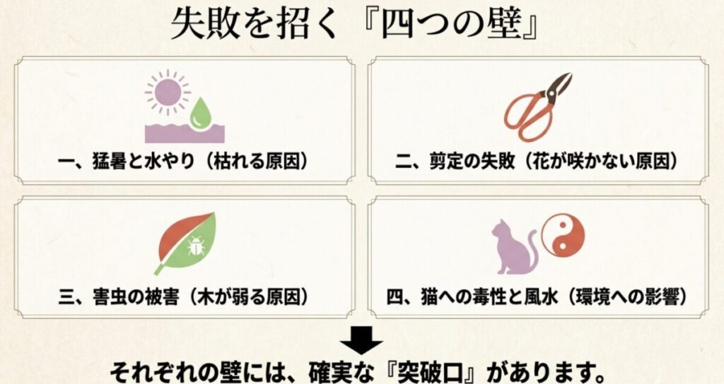 ライラック栽培の失敗を招く四つの壁（猛暑と水やり、剪定の失敗、害虫の被害、猫への毒性と風水）の図解