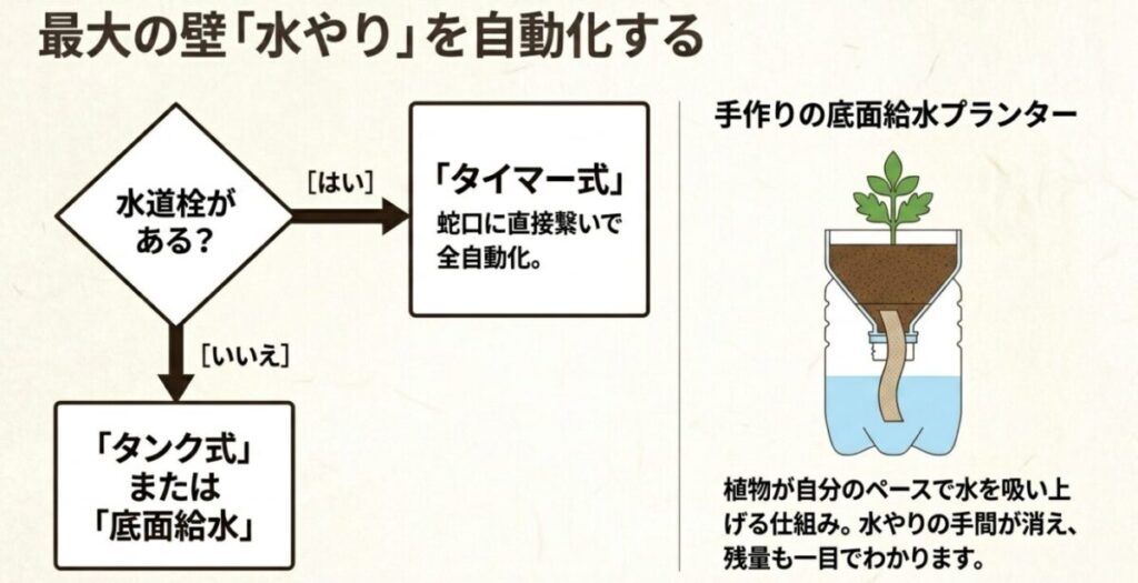 家庭菜園:最大の壁である水やりを自動化する。水道栓の有無に応じたタイマー式、タンク式、手作りの底面給水プランターの選び方