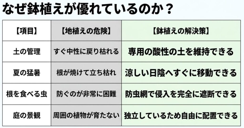ブルーベリー：なぜ鉢植えが優れているのか？土の管理、夏の猛暑、根を食べる虫、庭の景観について、地植えの危険と鉢植えの解決策をまとめた比較表