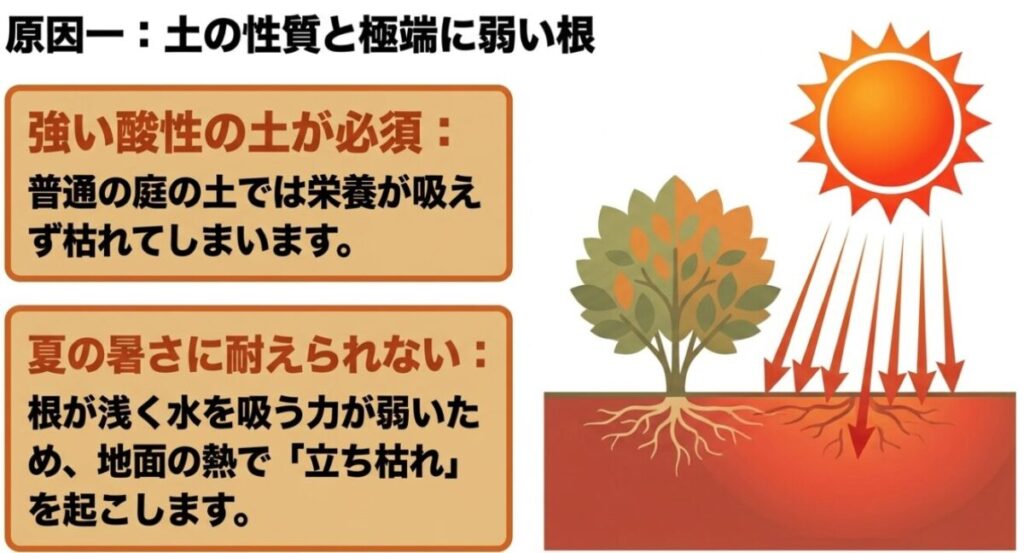 ブルーベリー：原因一：土の性質と極端に弱い根。強い酸性の土が必要なことや、根が浅く夏の地熱で立ち枯れを起こすリスクの図解
