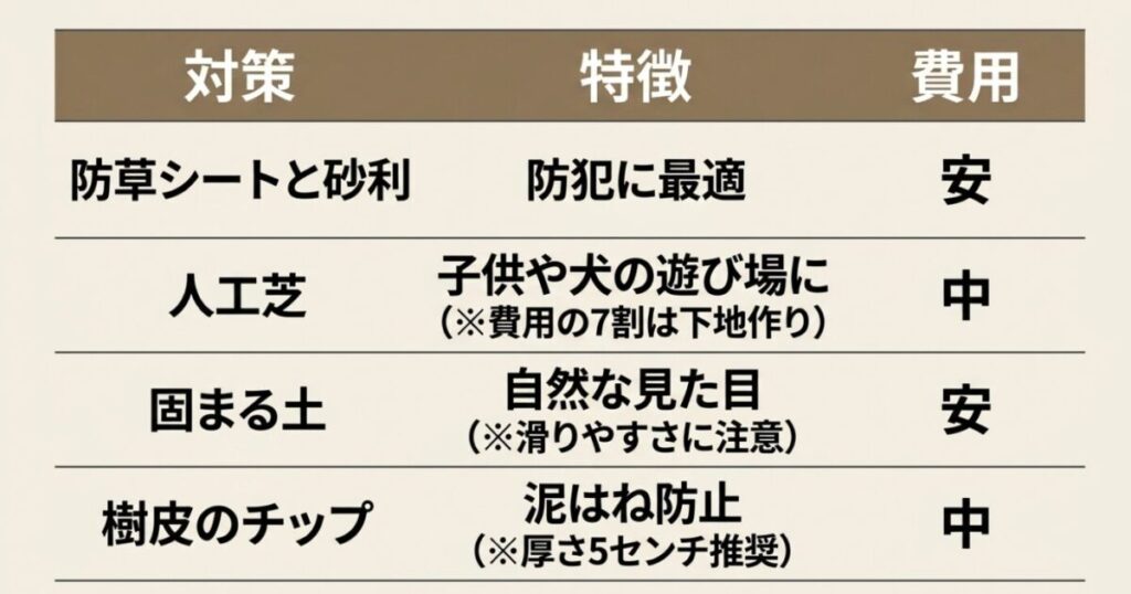 4つの庭対策(防草シートと砂利、人工芝、固まる土、樹皮のチップ)について、特徴と費用(安・中)をまとめた一覧表のスライド画像。人工芝には「費用の7割は下地作り」、固まる土には「滑りやすさに注意」、樹皮チップには「厚さ5センチ推奨」などの補足がある。