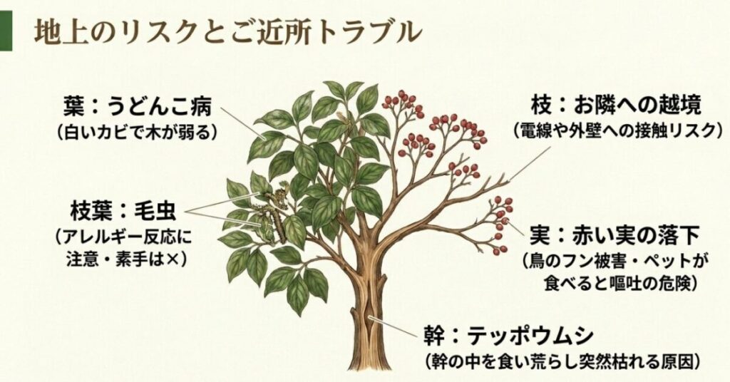 ハナミズキのうどんこ病や毛虫、越境などの地上トラブルとご近所リスク