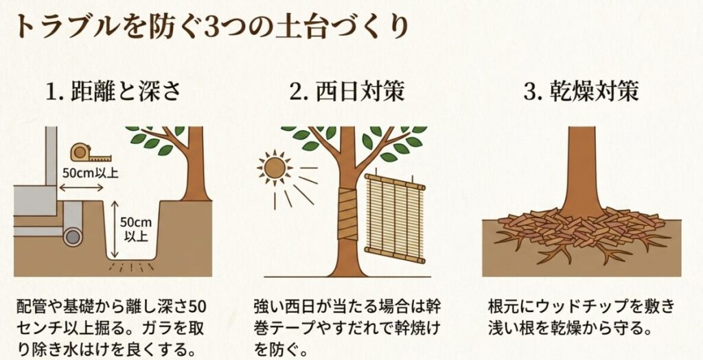 ハナミズキのトラブルを防ぐ土台づくり(基礎からの距離、西日対策、乾燥対策)