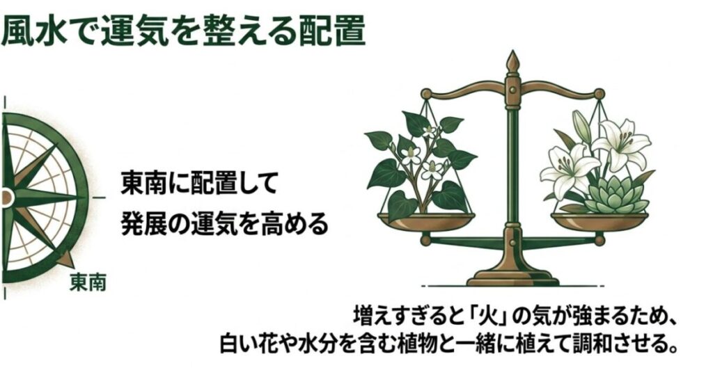 ドクダミ:風水で発展の運気を高める「東南」方位への配置と、増えすぎによる火の気を抑えるために白い花(カラー)や水分を含む植物(カネノナルキ)と天秤でバランスを取ることを図解したスライド。