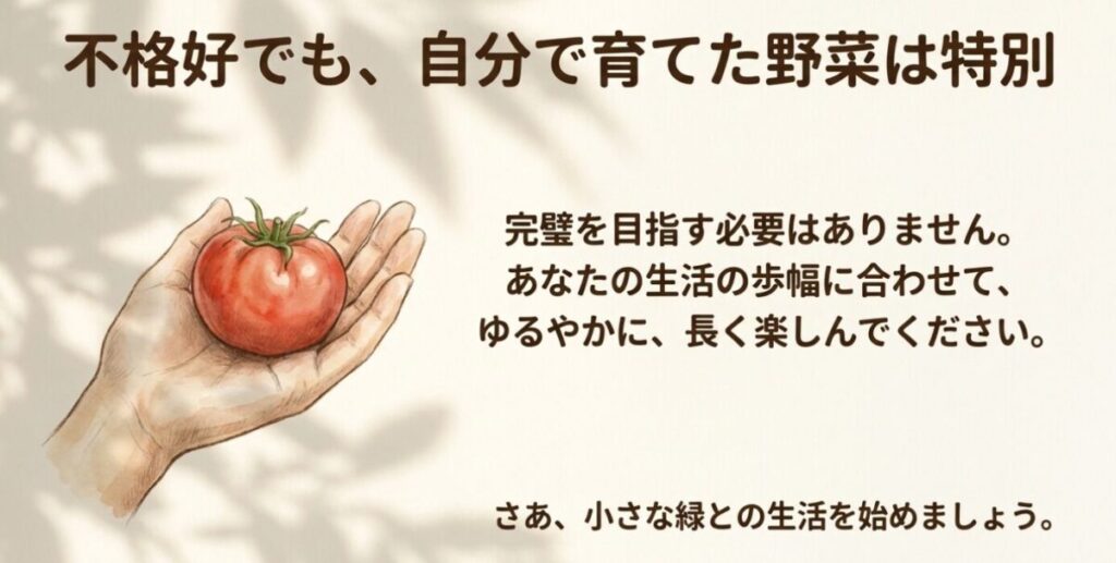 家庭菜園:不格好でも自分で育てた野菜は特別。完璧を目指さず、生活の歩幅に合わせて長く楽しむことを伝えるメッセージ。
