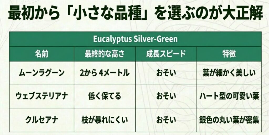 ムーンラグーン、ウェブステリアナ、クルセアナなど、最終的な高さが低く成長スピードが遅い、おすすめの小さなユーカリ品種の特徴一覧表。