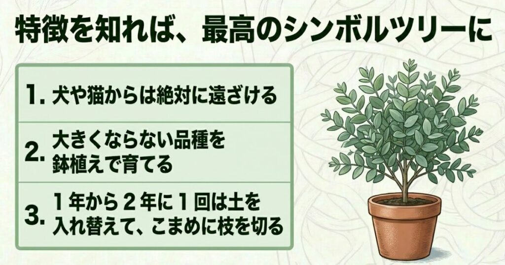 ユーカリの鉢植えのイラスト。犬や猫から遠ざける、大きくならない品種を鉢植えで育てる、定期的に土を入れ替えて枝を切る、という3つの対策まとめ。