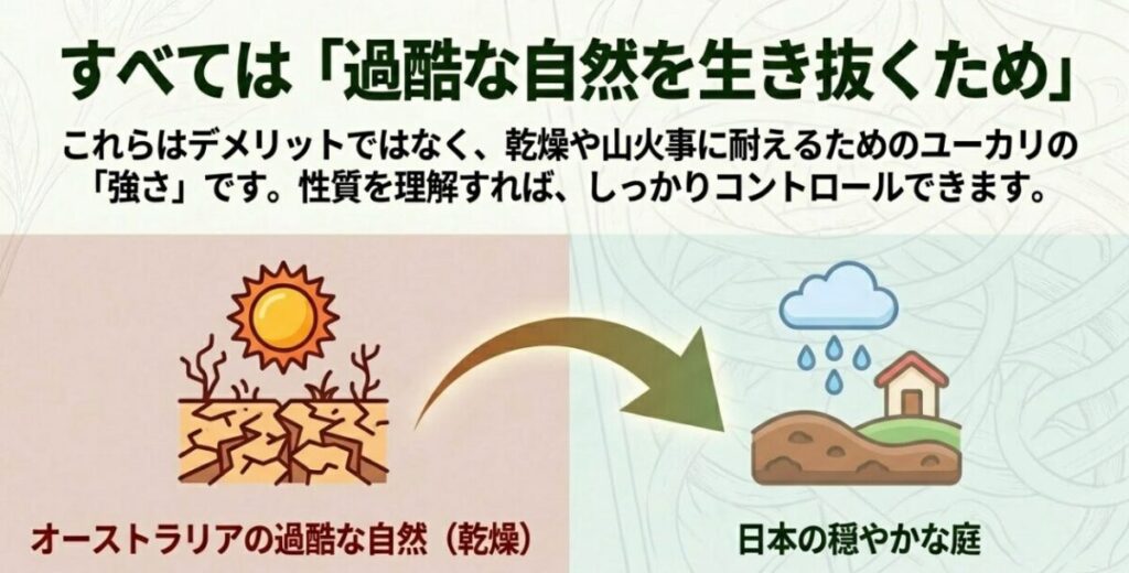 オーストラリアの乾燥した過酷な自然と、日本の穏やかな庭の比較イラスト。ユーカリのデメリットは乾燥や山火事に耐えるための強さであることの説明。