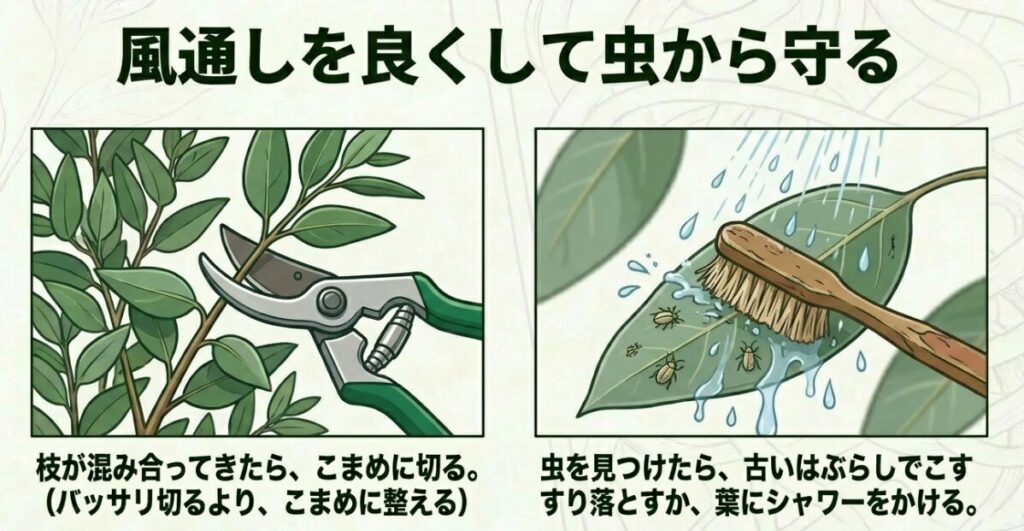 ユーカリの枝をハサミで剪定するイラストと、葉についた虫を古い歯ブラシでこすり落としシャワーをかけるお手入れのイラスト。