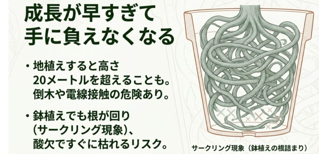 鉢植えで根が渦を巻くように回るサークリング現象のイラスト。ユーカリの成長が早すぎて倒木や酸欠で枯れるリスクについての説明。