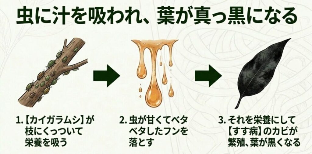 ユーカリ:カイガラムシが栄養を吸い、甘いフンを落とし、それを栄養にすす病のカビが繁殖して葉が黒くなる一連の流れの説明。