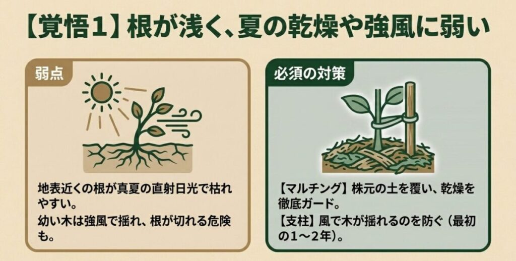 フェイジョアの浅い根を守るためのマルチングと幼木期の支柱による強風対策