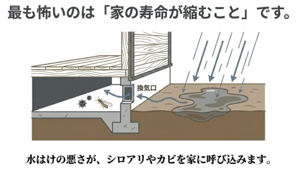 土の庭:雨が降り庭に水たまりができる中、床下の換気口から湿気が侵入し、木材のそばにシロアリやカビが発生する様子を描いた断面イラスト。「最も怖いのは『家の寿命が縮むこと』です。換気口 水はけの悪さが、シロアリやカビを家に呼び込みます。」と記載されているスライド画像。