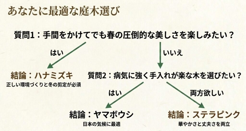手間や病気への強さからハナミズキ、ヤマボウシ、ステラピンクを選ぶためのフローチャート