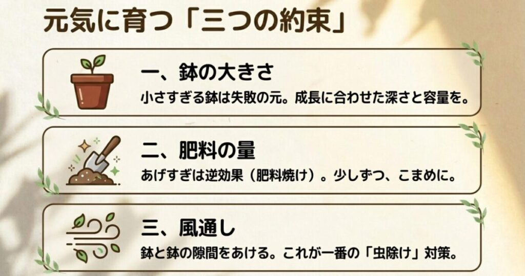 家庭菜園:元気に育つ三つの約束として、鉢の大きさ、肥料の量、風通しの重要性を解説
