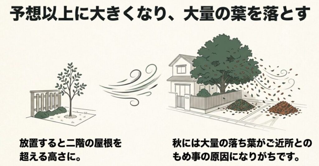 屋根を超える高さまで成長したヒメシャラと、秋には大量の落ち葉がご近所とのもめ事の原因になりがちであることを示すイラスト