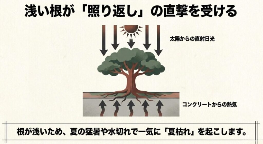 太陽からの直射日光とコンクリートからの熱気が、ヒメシャラの浅い根に致命的な夏枯れを引き起こす仕組みの解説