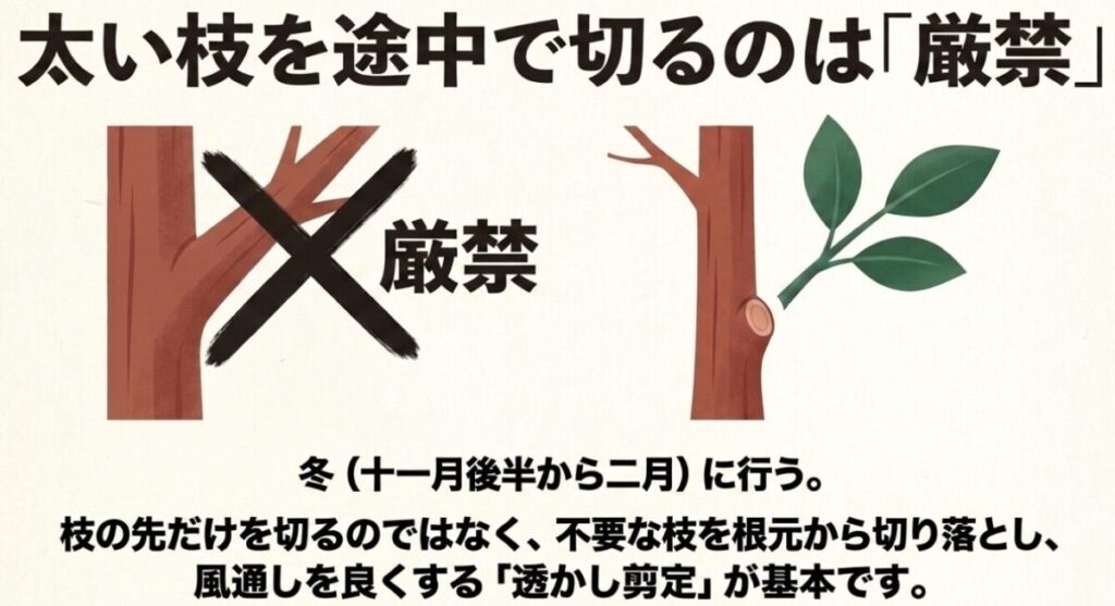 ヒメシャラ：太い枝を途中で切ることが厳禁であることと、不要な枝を根元から切る透かし剪定を推奨する解説スライド