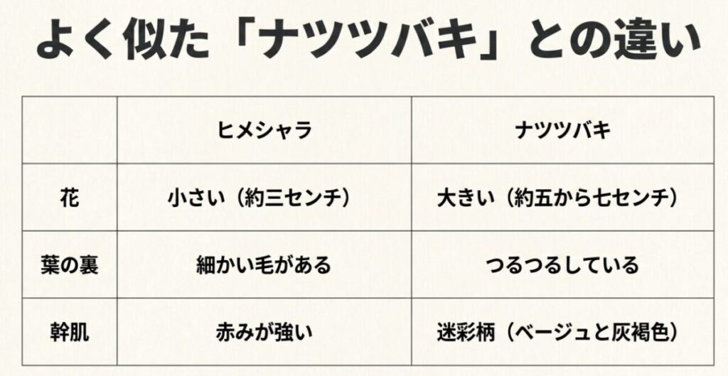 ヒメシャラとナツツバキの、花の大きさ、葉の裏の毛の有無、幹肌の違いを比較した表