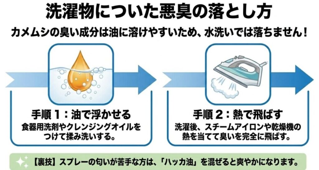 洗濯物についたカメムシの悪臭を油と熱で効果的に落とす手順