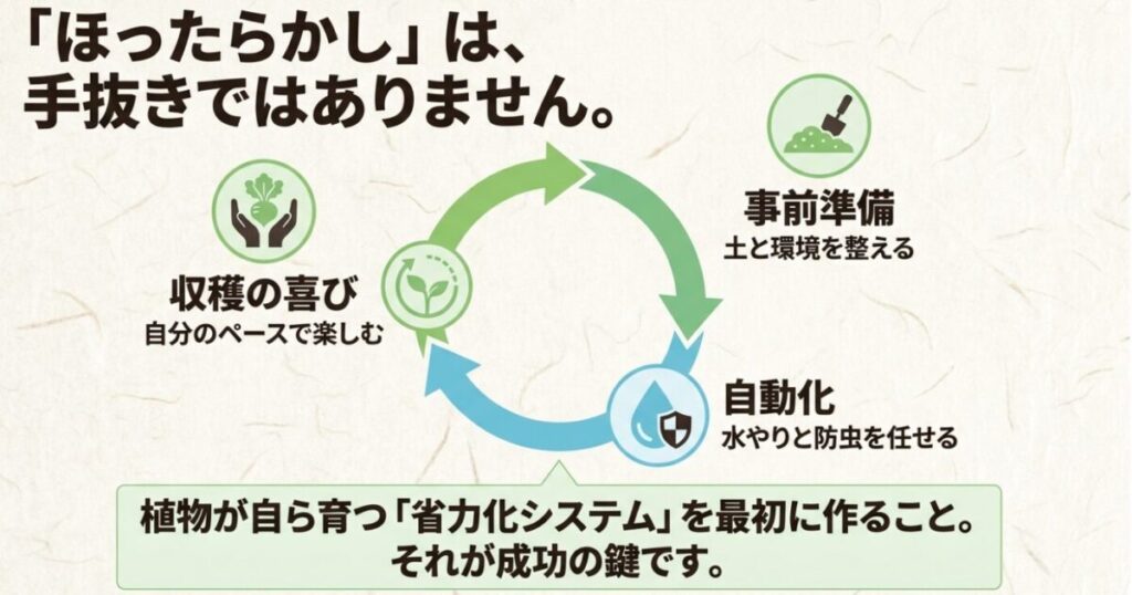 家庭菜園:「ほったらかし」は手抜きではなく、植物が自ら育つ省力化システムを最初に作ることです
