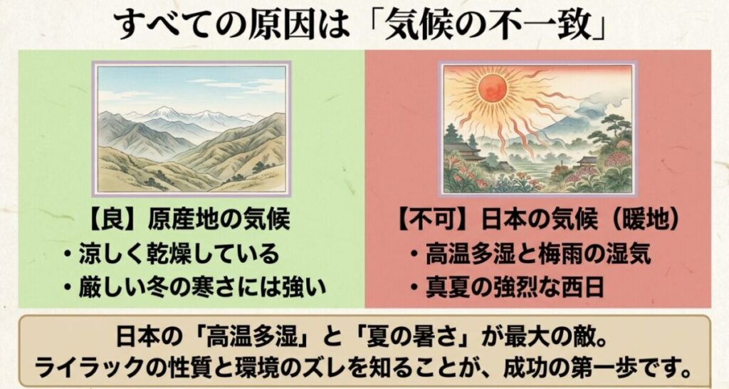 ライラックが育たない原因である気候の不一致を解説。原産地の涼しく乾燥した気候と、日本の高温多湿な環境の比較