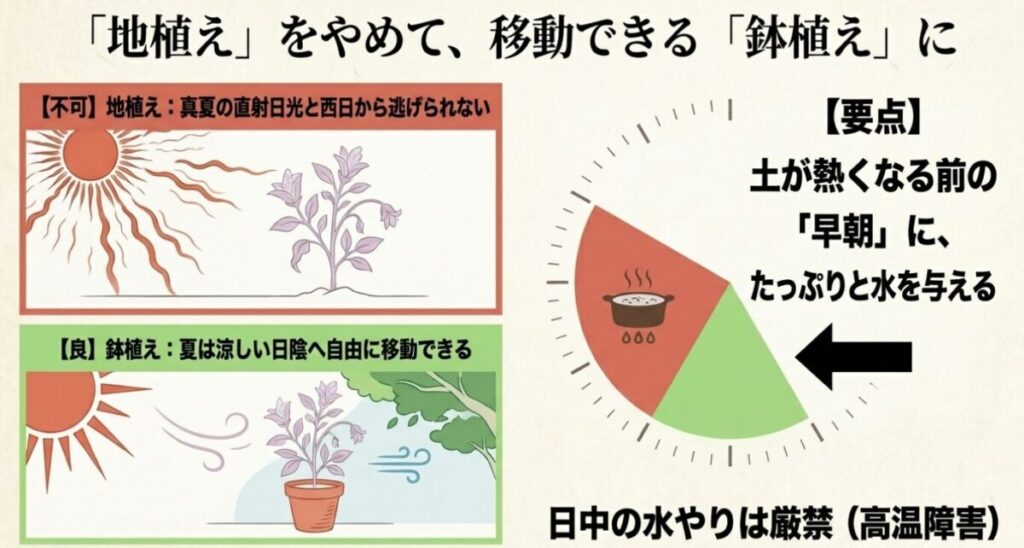ライラックを地植えではなく鉢植えにし、夏は涼しい日陰へ移動させ、早朝に水やりをするメリットの図解
