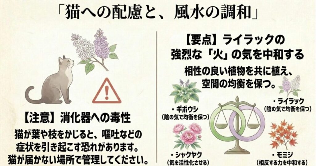 ライラックが猫の消化器へ与える毒性の注意喚起と、強烈な火の気を中和するためのギボウシなど相性の良い植物の紹介