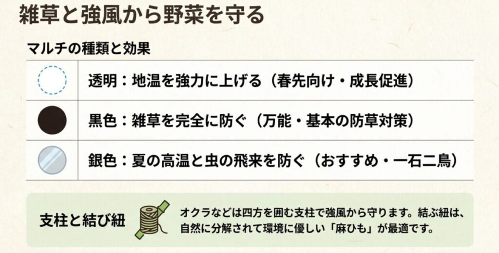家庭菜園:雑草と強風から野菜を守る。透明・黒色・銀色のマルチの種類と効果、支柱と麻ひもの活用方法