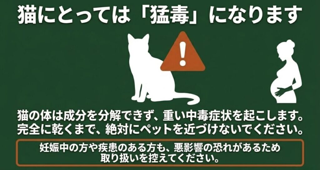 ニームオイル:猫の体では成分を分解できず重篤な中毒症状を起こす危険性や、妊娠中の方・疾患のある方の取り扱いに対する注意喚起を行うスライド。
