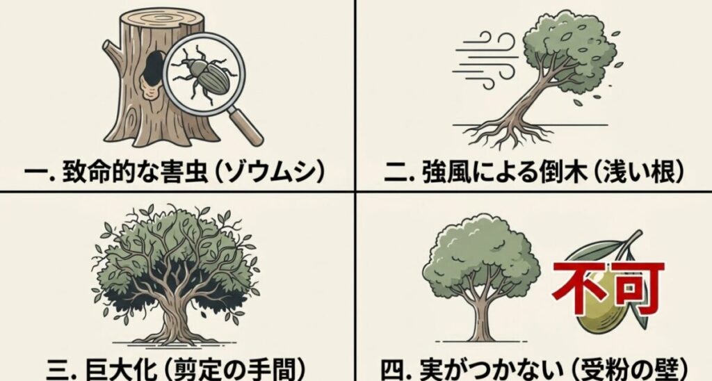 オリーブの4つのデメリット。1.致命的な害虫(ゾウムシ)、2.強風による倒木(浅い根)、3.巨大化(剪定の手間)、4.実がつかない(受粉の壁)