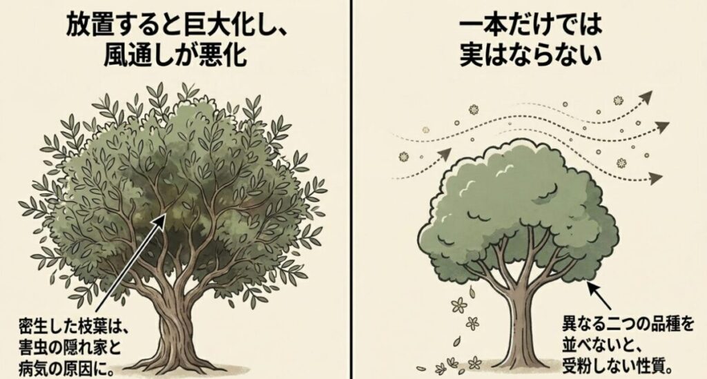 オリーブ:放置すると巨大化し風通しが悪化する問題と、異なる二つの品種を並べないと受粉しない性質を図解