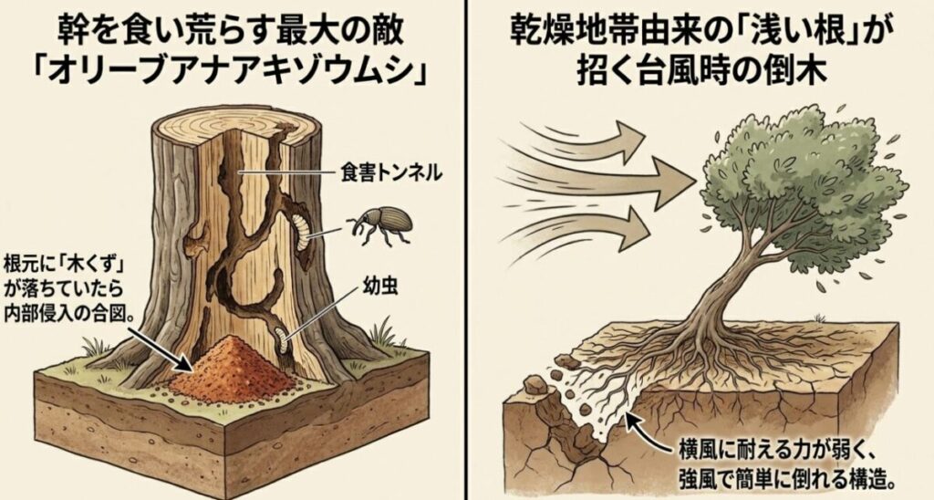 オリーブ:幹を食い荒らすオリーブアナアキゾウムシと、浅い根が招く台風時の倒木リスクを図解