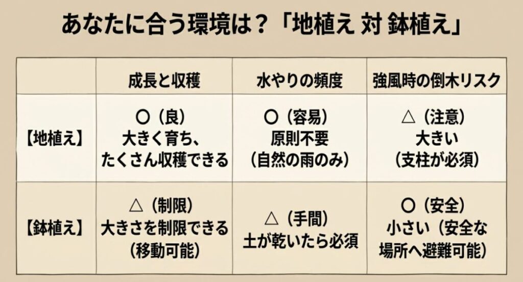 オリーブの地植えと鉢植えの比較表。成長と収穫、水やりの頻度、強風時の倒木リスクを比較