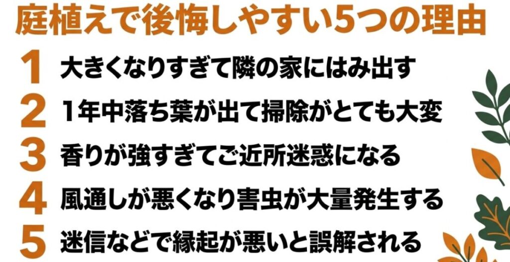 金木犀の庭植えで後悔しやすい5つの理由。1.大きくなりすぎる、2.落ち葉の掃除、3.香りが強すぎる、4.害虫の発生、5.縁起が悪いという誤解。