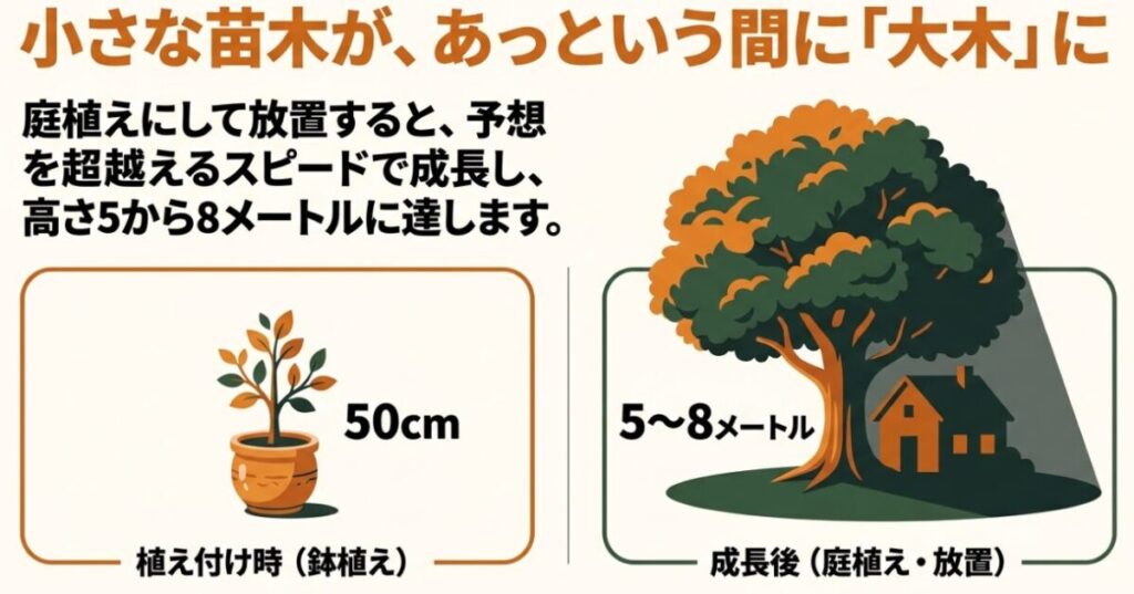 金木犀の成長比較イラスト。植え付け時の鉢植えは50cm程度だが、庭植えにして放置すると5から8メートルの大木に成長することを示す。
