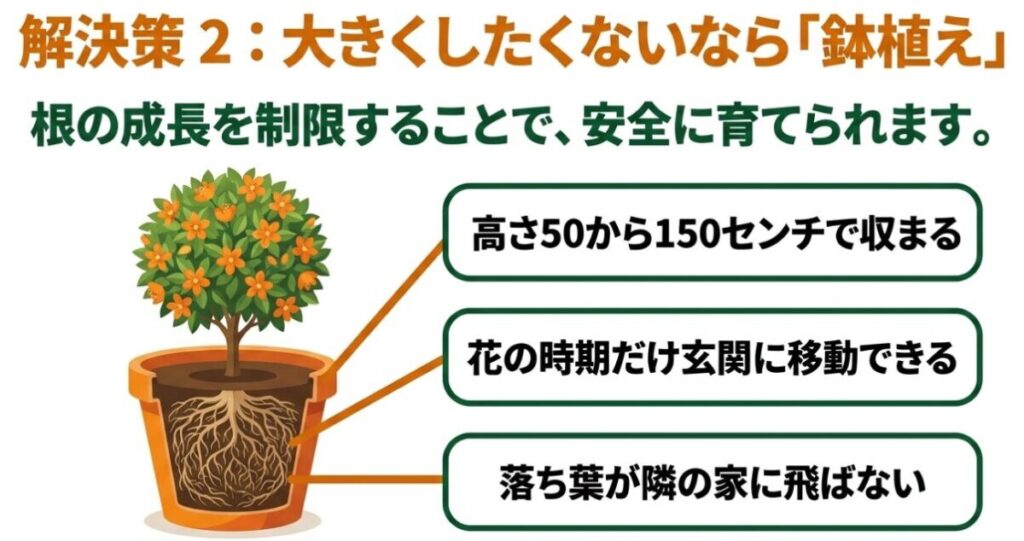 金木犀を鉢植えにするメリット。高さ50から150センチに収まる、花の時期だけ玄関に移動できる、落ち葉が隣の家に飛ばない。