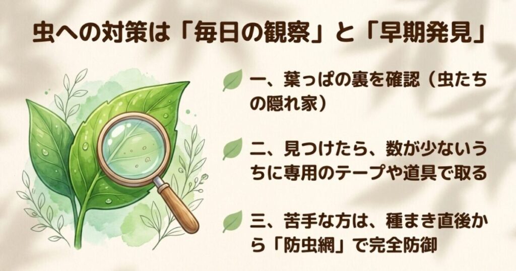 家庭菜園:虫への対策は毎日の観察と早期発見。葉の裏の確認や、防虫網を用いた完全防御の手法を解説。