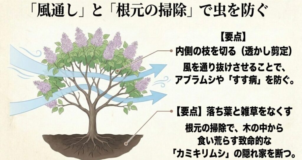 ライラック：透かし剪定で風通しを良くし、根元の落ち葉や雑草をなくすことで、アブラムシやすす病、カミキリムシを防ぐ方法