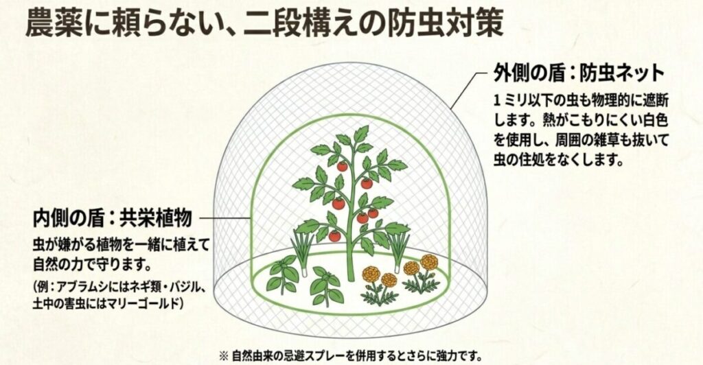 家庭菜園:農薬に頼らない二段構えの防虫対策。外側の盾として防虫ネット、内側の盾として共栄植物を活用