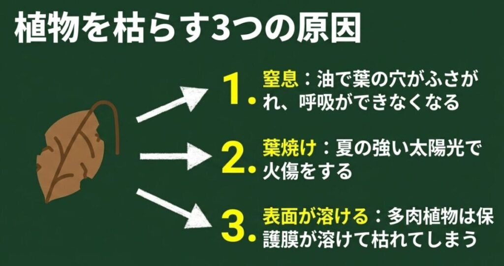 ニームオイルによって植物が枯れる原因である、窒息、葉焼け、表面の溶解の3つのメカニズム