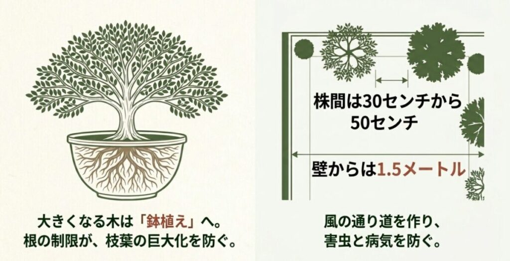 庭木：大きくなる木は鉢植えにして根の制限で枝葉の巨大化を防ぐイラスト。株間は30センチから50センチ、壁からは1.5メートルの風の通り道を作り、害虫と病気を防ぐという配置図。