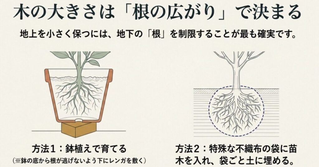 大きくならない庭木：地上を小さく保つには、地下の根を制限することが最も確実であり、鉢植えで育てたり特殊な不織布の袋ごと土に埋めたりする