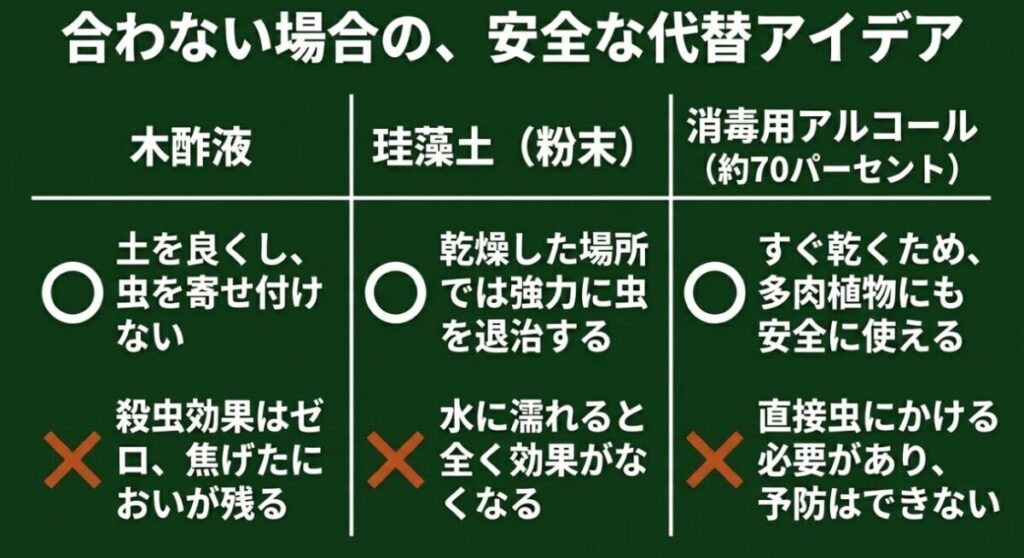 ニームオイルが合わない場合の代替手段として、木酢液、珪藻土(粉末)、消毒用アルコールのそれぞれのメリットとデメリットを比較した表。