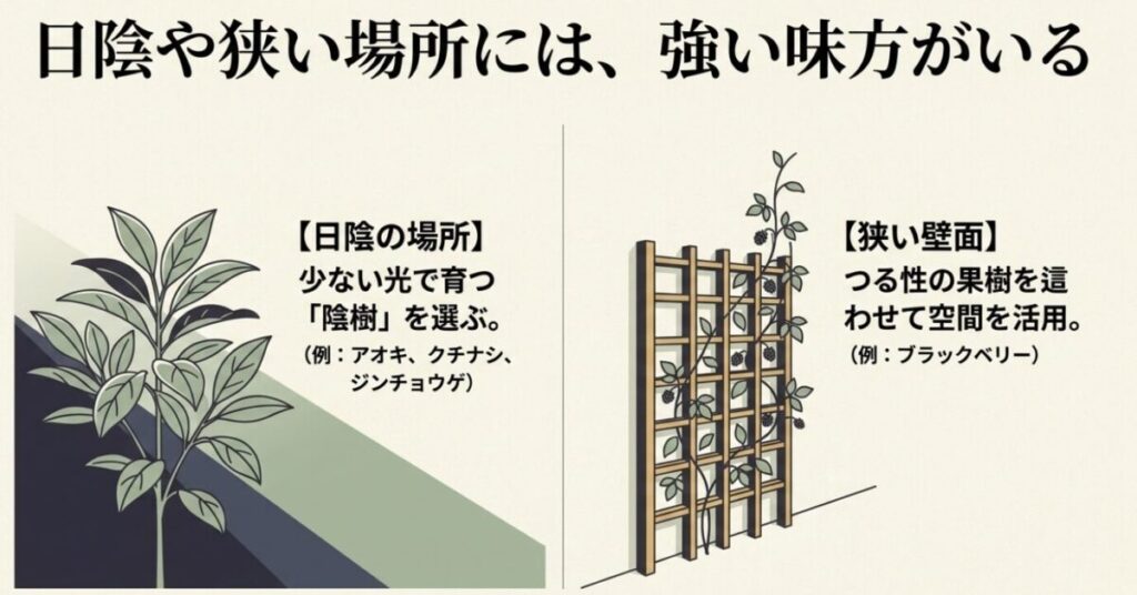 大きくならない庭木：日陰の場所には少ない光で育つ陰樹を選び、狭い壁面にはつる性の果樹を這わせて空間を活用する