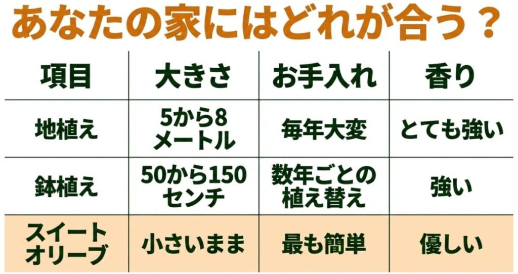 金木犀:地植え、鉢植え、スイートオリーブの大きさ・お手入れ・香りの比較表。それぞれの生活や庭の広さに合った選び方を提案。