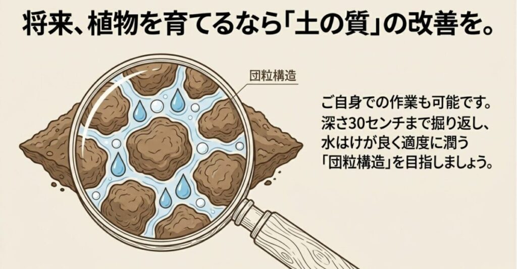 土の庭:土壌の断面イラストとともに、「将来、植物を育てるなら『土の質』の改善を。団粒構造」「ご自身での作業も可能です。深さ30センチまで掘り返し、水はけが良く適度に潤う『団粒構造』を目指しましょう。」と記載された土壌改良の解説スライド画像。