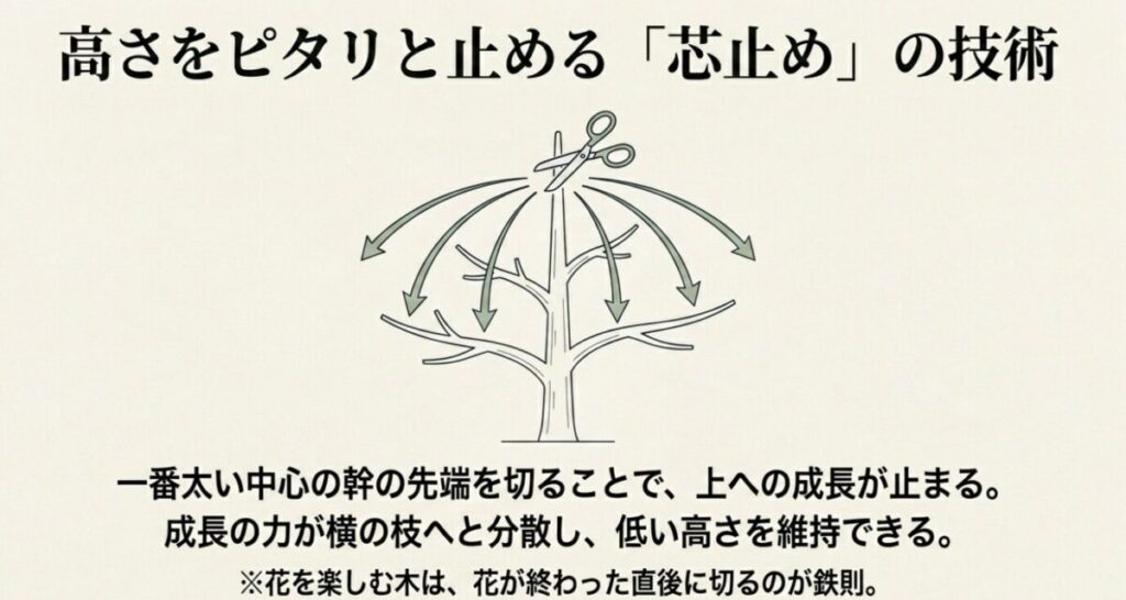 大きくならない庭木：一番太い中心の幹の先端を切ることで上への成長が止まり、成長の力が横の枝へと分散して低い高さを維持できる