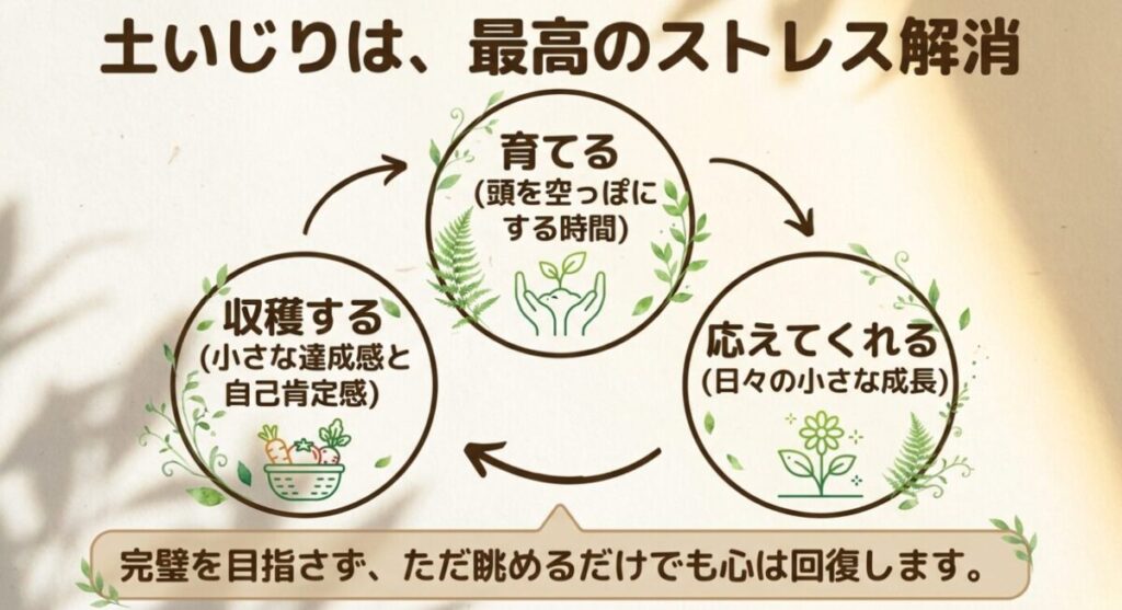家庭菜園:土いじりは最高のストレス解消。収穫や育成による小さな達成感や、頭を空っぽにする心理的メリットを図解。