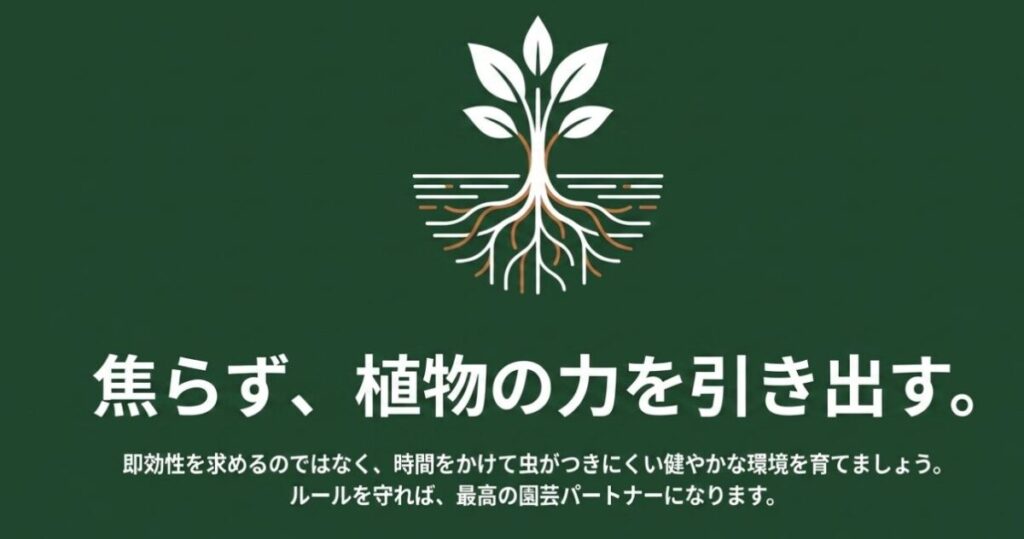 即効性を求めず、時間をかけて虫がつきにくい健やかな環境を育てるという、ニームオイルとの上手な付き合い方を伝えるまとめのスライド。
